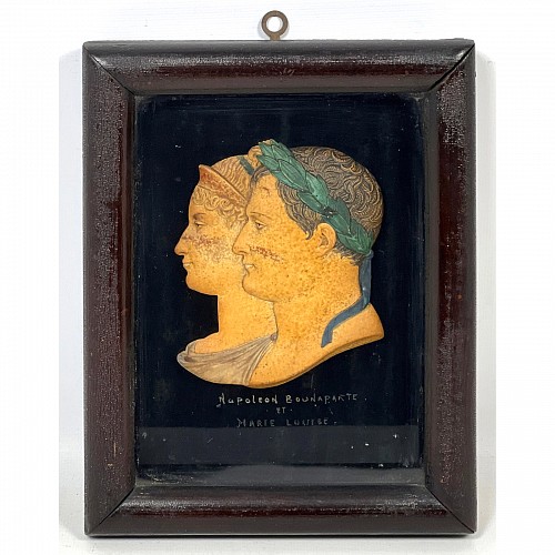 Inventory:  Portrait Miniature, Antique Neoclassical Wax Profile Portraits of Napoleon Bonaparte and his second wife, Marie Louise, 1810-15
