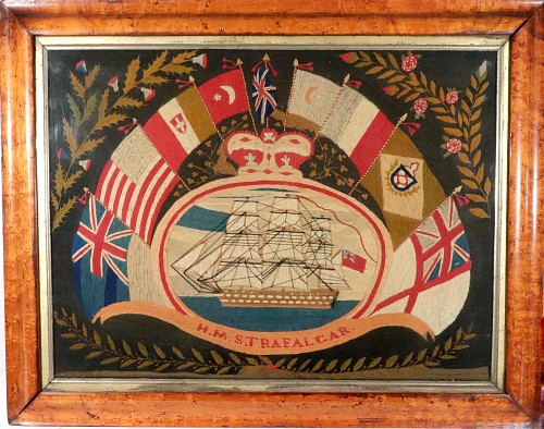 Inventory:  Sailor's Woolwork, British Sailor's Flag Of Nations Woolwork of HMS Trafalgar, $4,500