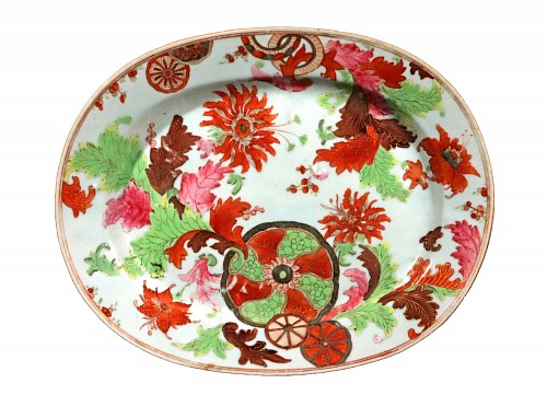 Inventory:  Chinese Export Porcelain, Chinese Export Pseudo Tobacco Leaf Porcelain Oval Dish, 1765, $3,500