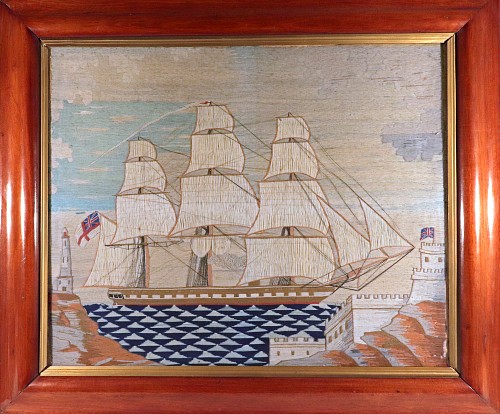 Sailor's Woolwork British Sailor's Woolwork depicting a Royal Navy Ship With Striking Sea and of large size, 1865-75 SOLD &bull;