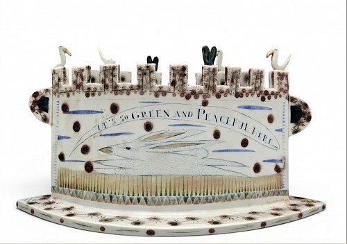 Inventory: Mara Superior, Mara Superior glazed sculpture of castle form titled ""It's So Green and Peaceful Here"", SOLD &bull;