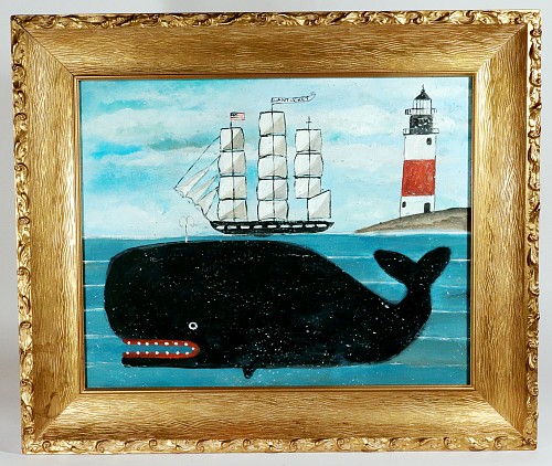 Inventory: Melinda Kirkpatrick, Folk Art Painting of Whale and Ship Flying Nantucket Flag, Melinda Kirkpatrick, $3,500