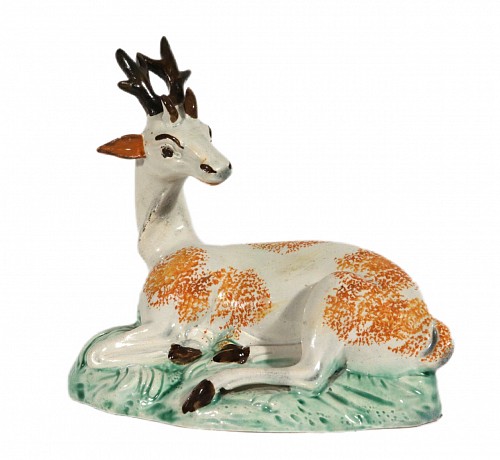 Inventory:  British Pottery, English Staffordshire  Prattware Pottery Figure of a Stag, 1800-10, $650