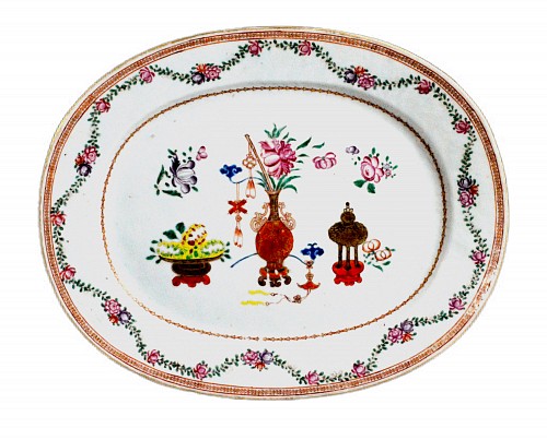 Inventory:  Chinese Export Porcelain, 18th-century Chinese Export Porcelain Famille Rose Oval Dish Painted With Precious Objects, Circa 1760-75, $2,850