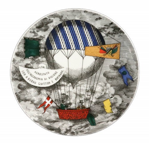 Piero Fornasetti Piero Fornasetti Porcelain Hot Air Balloon Plate, Mongolfiere Pattern, Rosenthal, Motiv 1, 1980's $650