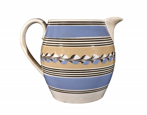 Mocha English Mocha Pottery Blue & Yellow Slip Jug with Cat's Eye Decoration, Early 19th Century $2,100